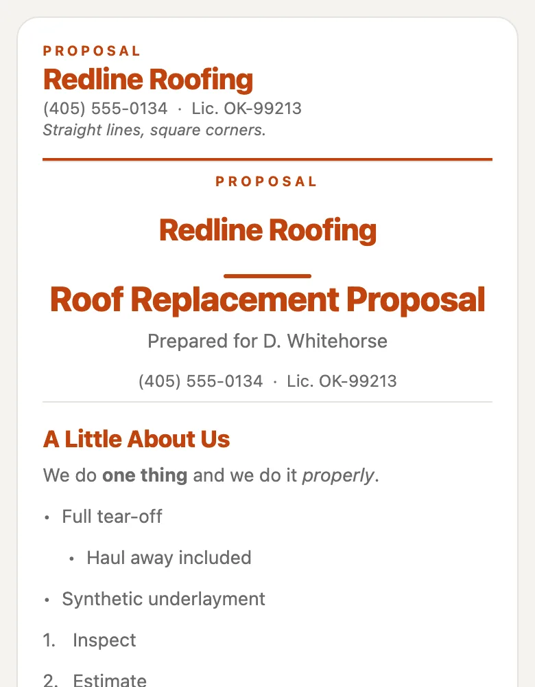 A proposal open on a phone: the contractor's brand, the scope, and the options the homeowner picks from